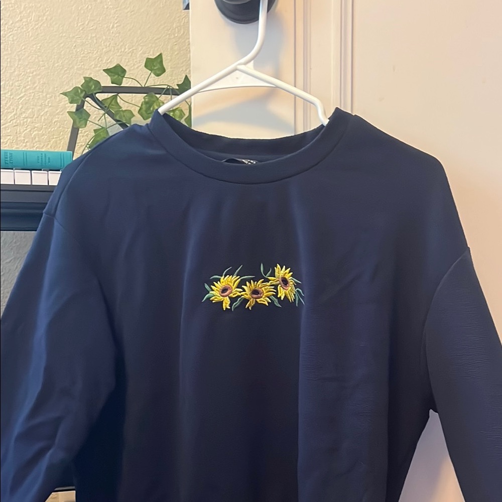 SHEIN Blue Long Sleeve Tees Casual Cotton